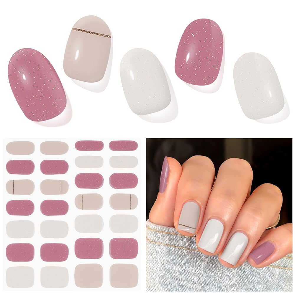 DUKASOU Semi Cured Gel Nail Strips, Peach Blossom Stuffed | 28 pcs Gel Nail Strips Work with Any UV Lamp, Salon Quality UV Nails Stickers, Easy to Apply for Home Nails DIY