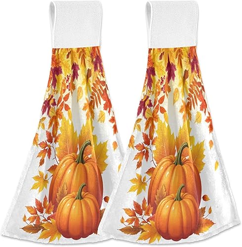 Miniatura 1 de Toallas de cocina colgantes de calabazas amarillas otoñales, 2 piezas de hojas de otoño, toallas de mano, toallas de barra de té, toallas para baño,