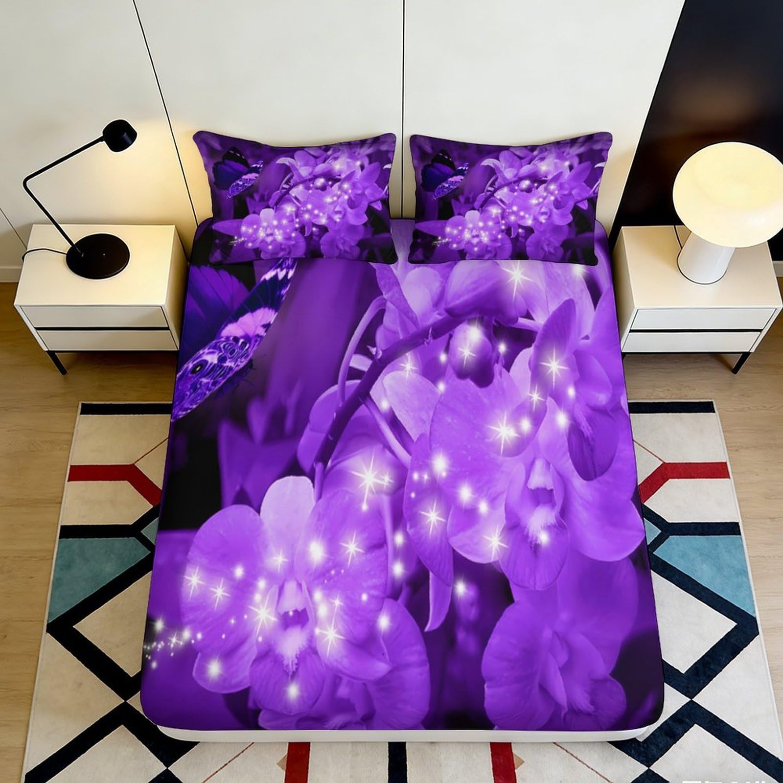 3D Printed Purple Orchid Fitted Sheet Microfiber Soft Breathable Sparkling Butterfly Mattress Cover for Bedroom Dormitory Guest Room Protection Decor 200x200x25cm