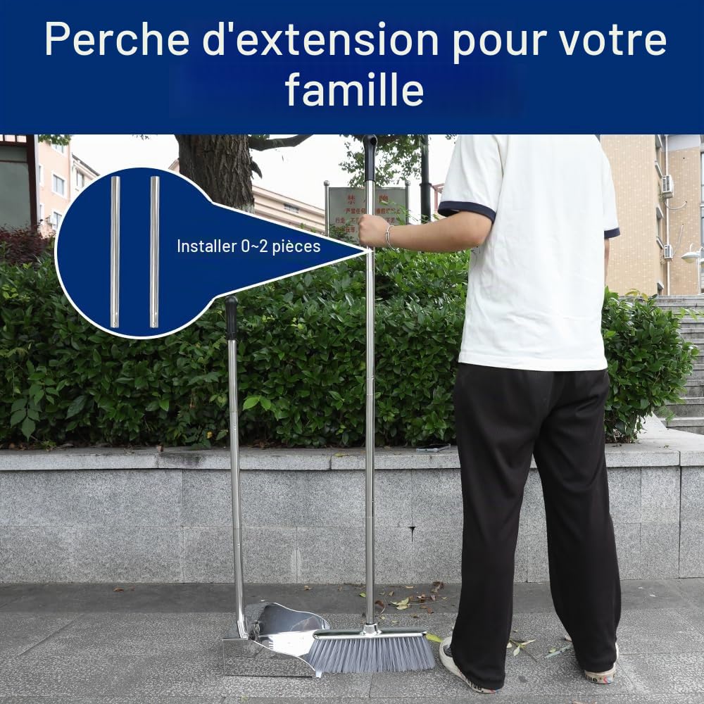 Gloffer Pelle à poussière en acier inoxydable avec balai, balai à long manche et pelle à poussière en métal robuste pour intérieur et extérieur pour la maison, le couloir, le bureau