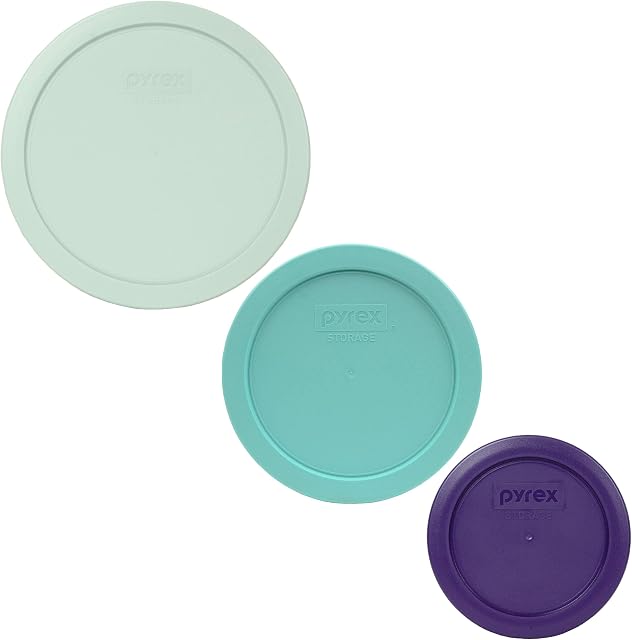 Pyrex (1) 7402-PC Muddy Aqua & (1) 7201-PC Sun Bleached Turquoise & (1) 7200-PC Plum Purple Round Plastic Food Storage Replacement Lids