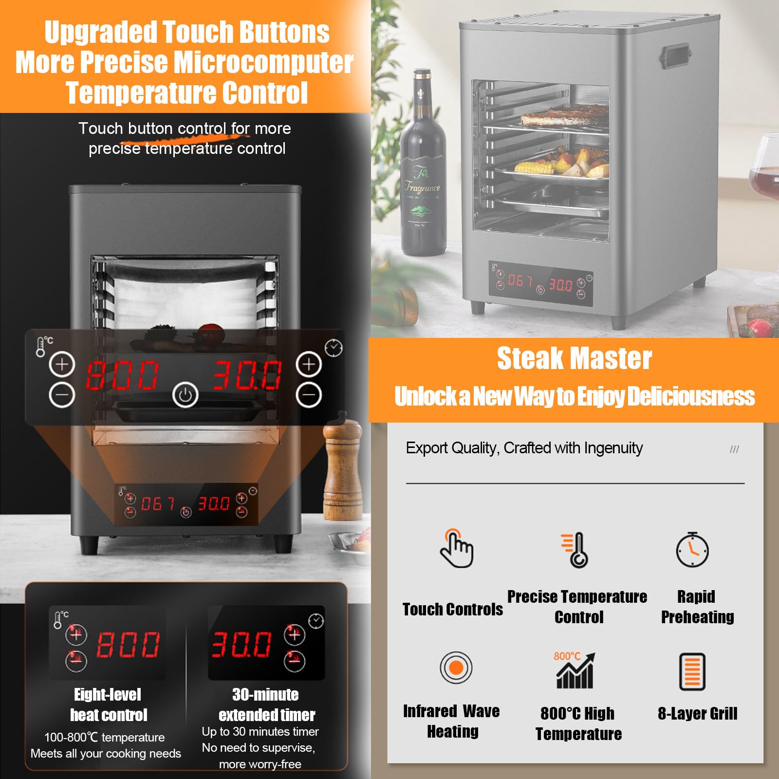 Forno Pizza Elettrico Bistecchiera Elettrica 800℃ Temperatura di Grigliatura Professionale Maniglia Resistente al Calore Vassoio di Raccolta Olio per Cucina & Campeggio TypeA