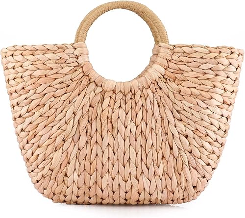 Bolso de ratán de verano para mujer bolso de mano tejido a mano con asa superior para playa playa paja de mar de ratán rosado caqui, Khaki Pink With