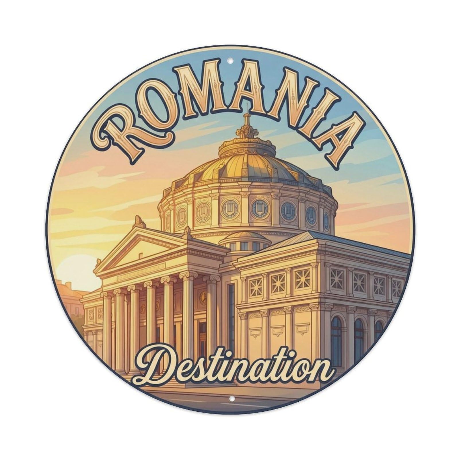 Romania Athenaeum Heritage Destination Scenic Landmark Metal Tin Sign Plaque Wall Decor for Cafe, Man Cave, Club Bar, Office, Home Garden Round Metal Poster 8x8Inch