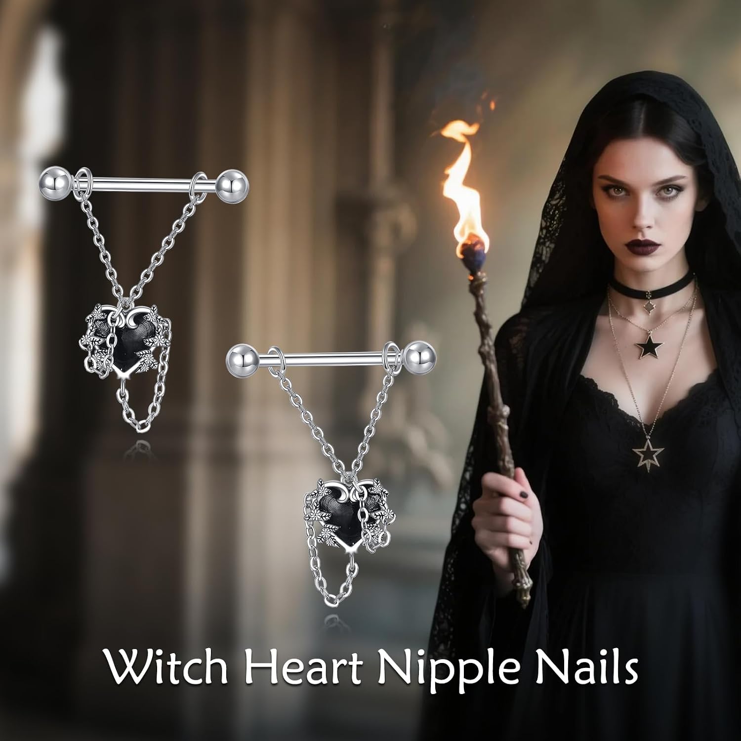 MONGAS Witches Heart Nipple Nails Sterling Silver Black Nipple Nails Witches Heart Jewelry Halloween Gifts for Women