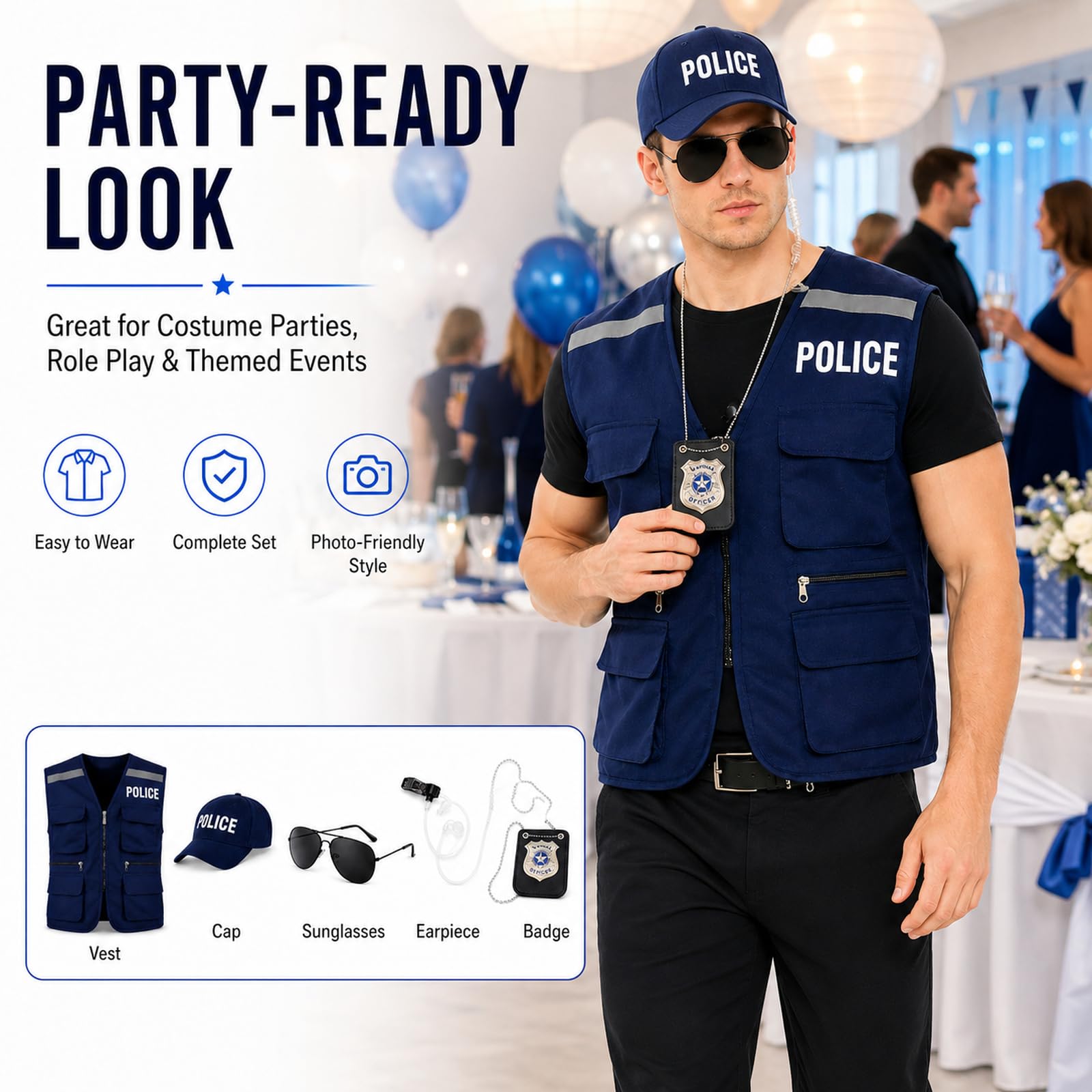 Polizei-Kostüm für Erwachsene, 5-teilig, Halloween-Polizisten-Kostüm, Herren, mit blauer Weste, Polizistenhut, Polizeiabzeichen, Kopfhörer, Brille, blaue Polizeiweste, Cosplay-Outfit für