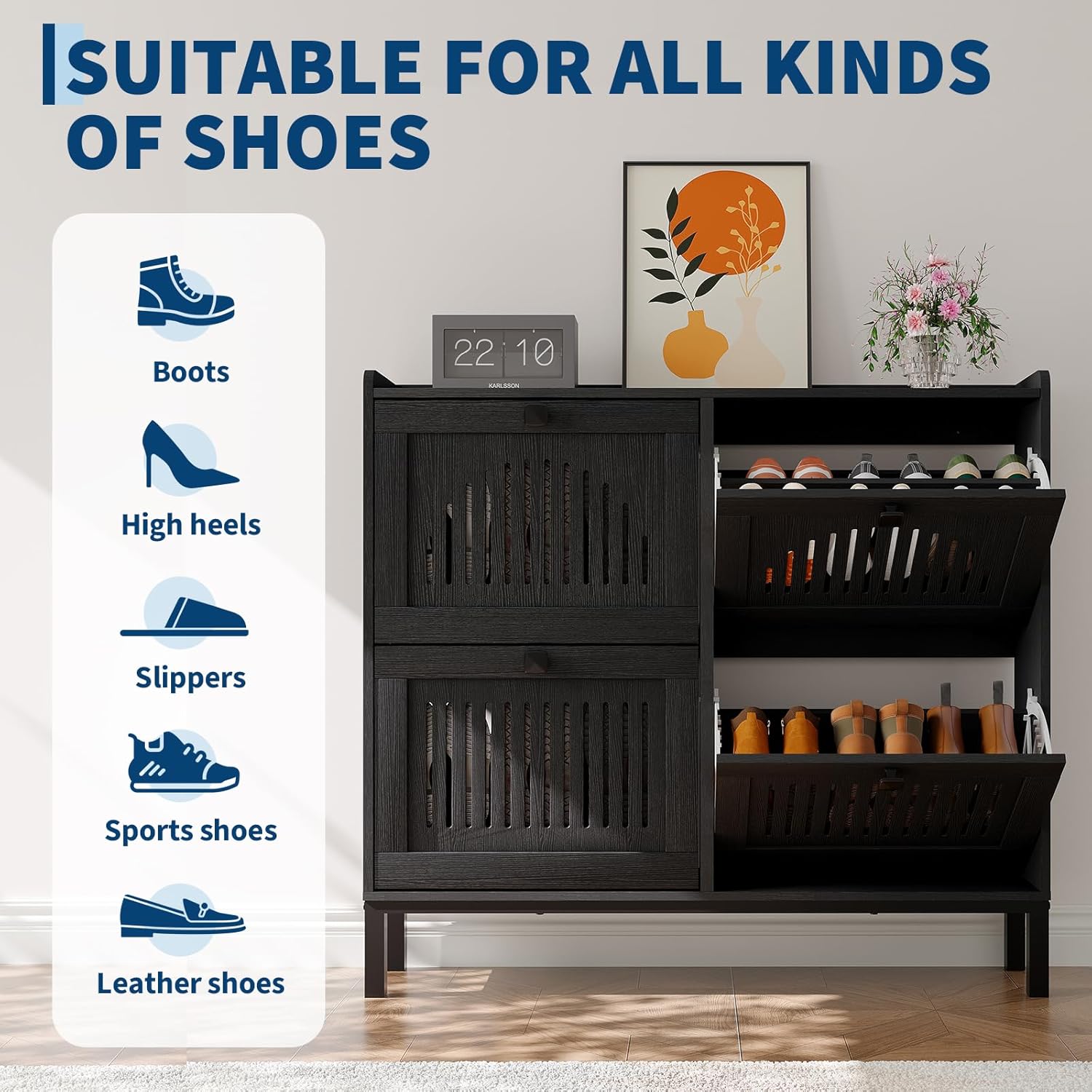 4-Door Flip Front Shoe Cabinet with Adjustable Shelves – Hidden Entryway Storage Organizer for Hallway, Foyer, Living Room – Freestanding Wooden Shoe Rack with Large Capacity & Modern Design, Black