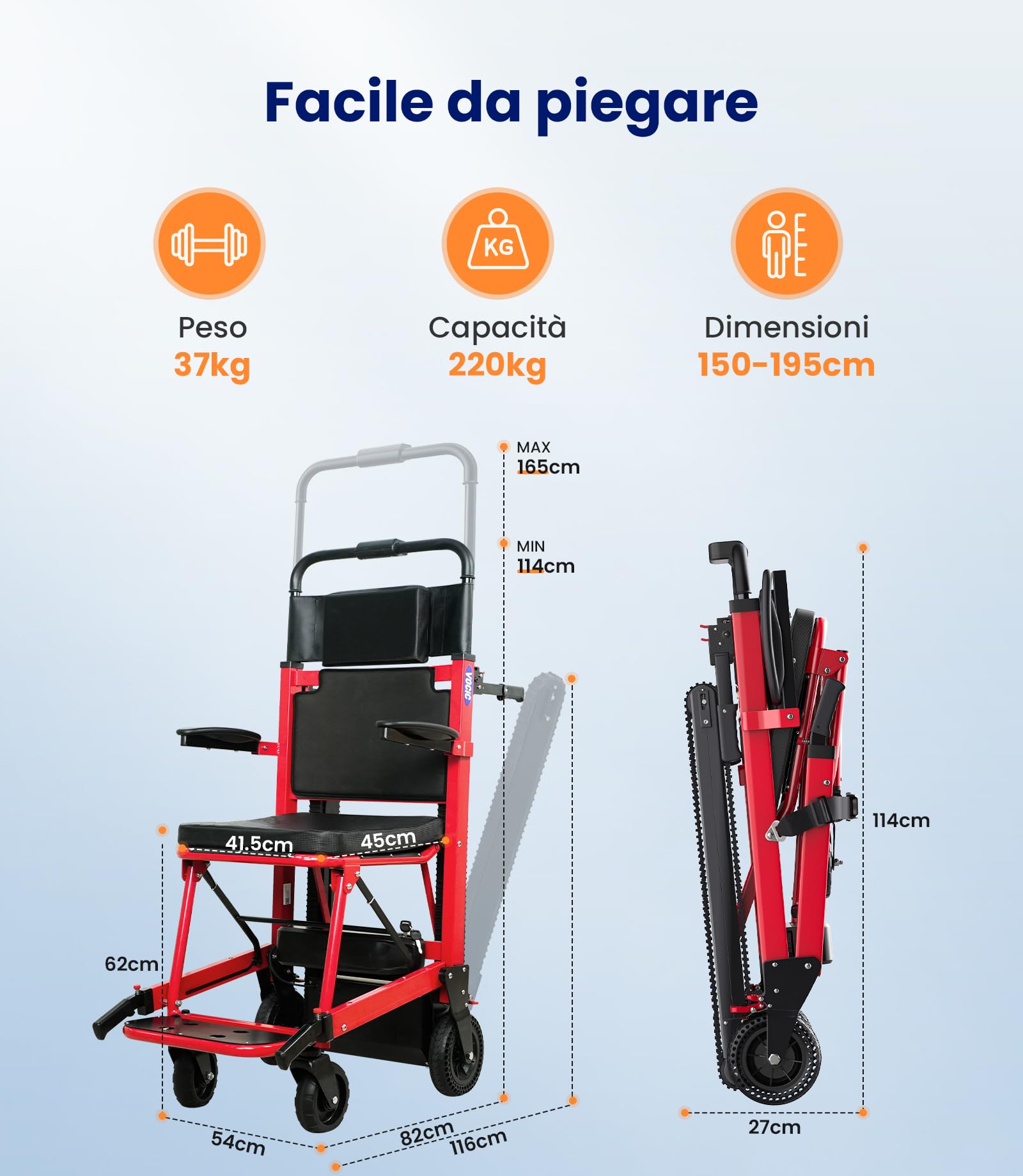 VOCIC AY04 - Scaletta elettrica pieghevole con catena in gomma, per sedie a rotelle fino a 220 kg, sollevamento scale mediche con luce LED per disabili (rosso)