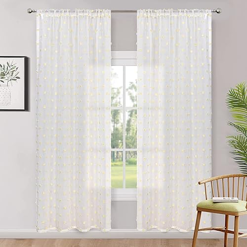 Miniatura 6 de MYSKY HOME Cortinas para dormitorio, cortinas con pompones amarillos para sala de estar, 72 pulgadas de largo, cortinas traslúcidas blancas para
