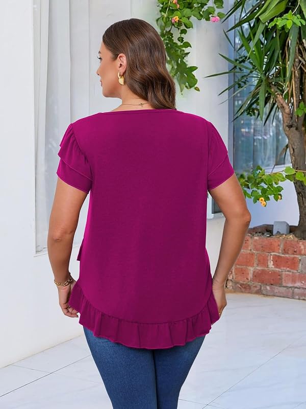 Beauhuty Womens Plus Size Shirts Square Neck Tops Ruffled Hem Tunic Casual Trendy Flowy Dressy Blouses Ruffle Short Sleeves Summer(10 Rose Red, XL) by Beauhuty - Used condition - Image 6
