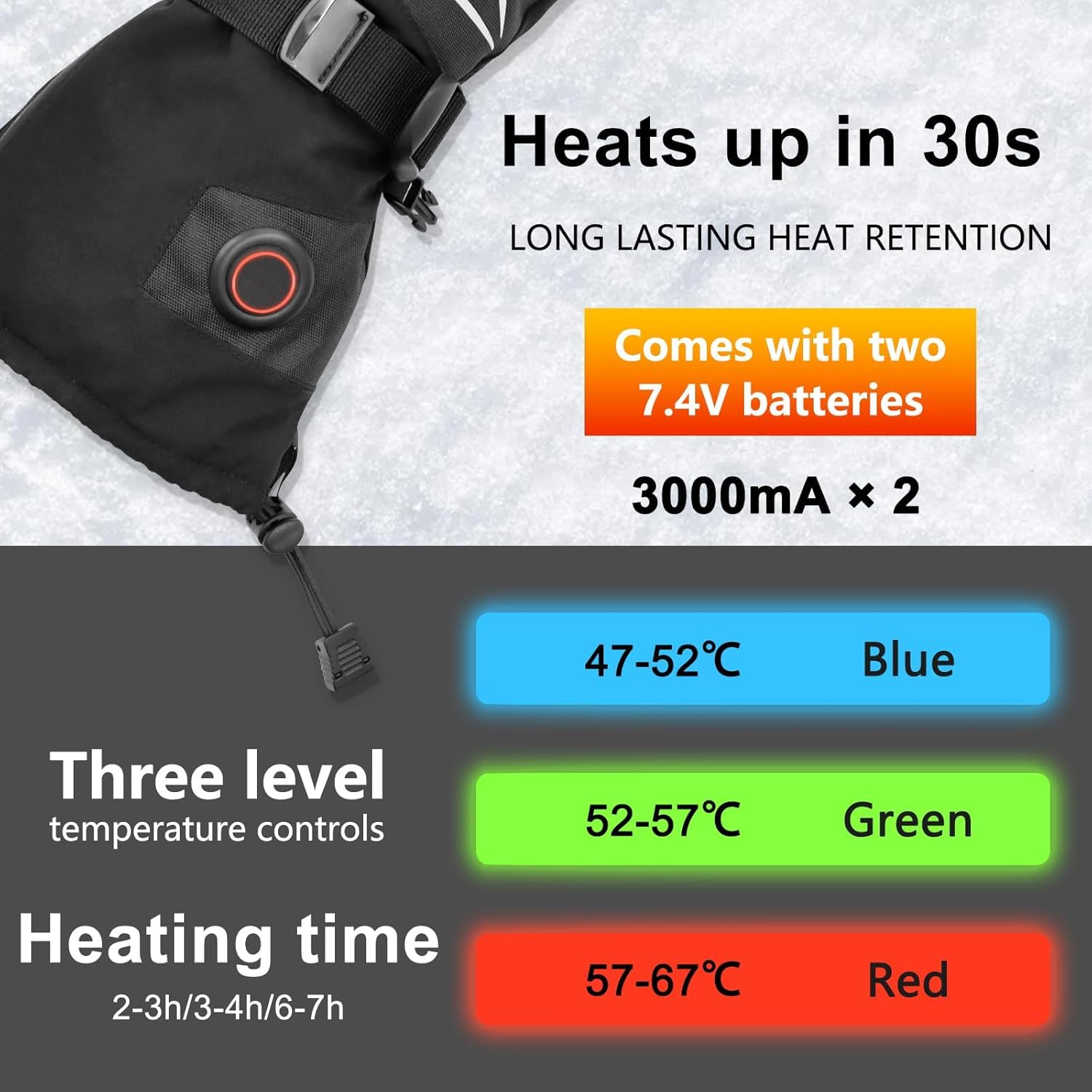 Loowoko Gants Chauffants avec Batterie 7.4v 3000mah × 2, 3 Niveaux de Chauffage, imperméables, écran Tactile, Gant Chauffant USB pour Le Travail en extérieur, Moto, Velo, Ski, Escalade, randonnée