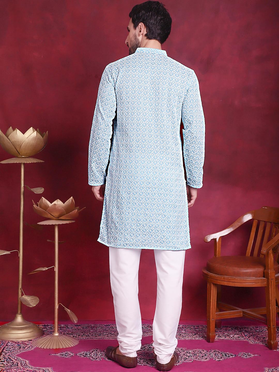 Jompers Men's Sky Blue & White Embroidered Straight Kurta Pyjama Set. (Sky, L)
