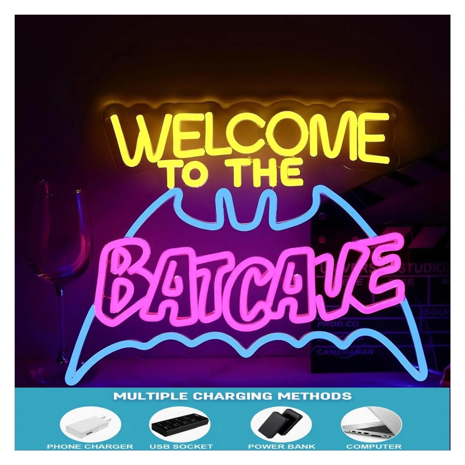 Insegna al Neon LED Insegna Al Neon WELCOME TO THE BATCAVE Dimmerabile Tramite USB Per Sala Giochi, Bar, Soggiorno, Caverna Dell'uomo, Decorazione Da Parete Per Feste, 44x33cm