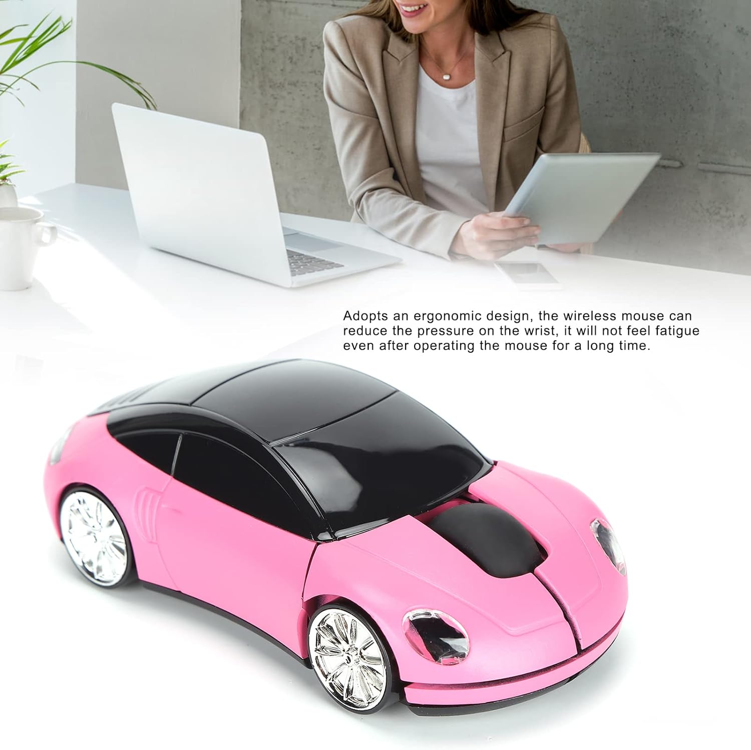 ASHATA 2.4GHz Wireless Gaming Mouse, 3D Sport Car Shape Ergonomic USB Mouse Mice for PC Laptop Computer, Pink (No Bluetooth)