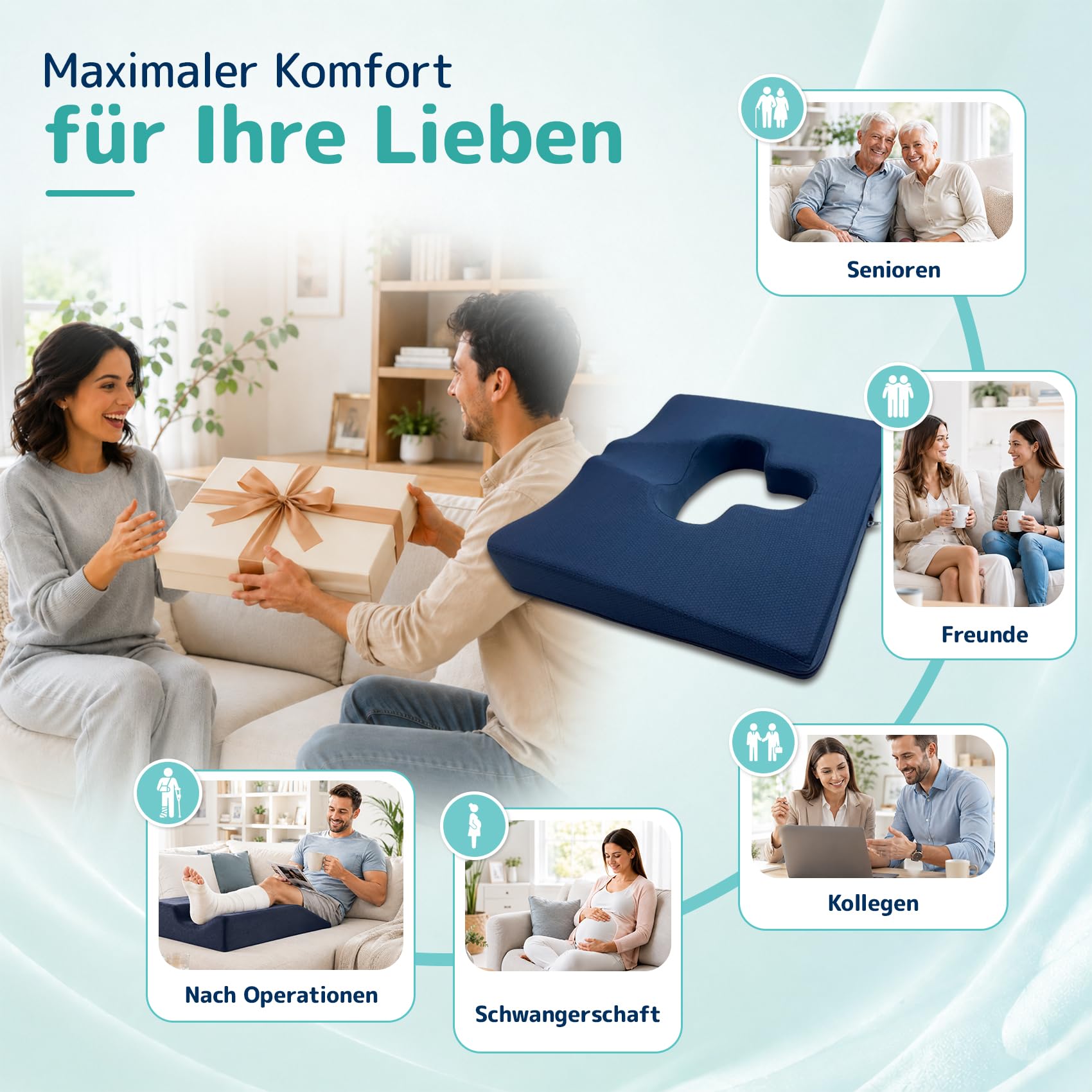 Hämorrhoiden Sitzkissen mit Kühlgel,orthopädisches Steißbeinkissen Anti-Dekubitus,45D Memory Foam gegen Bandscheibenvorfall