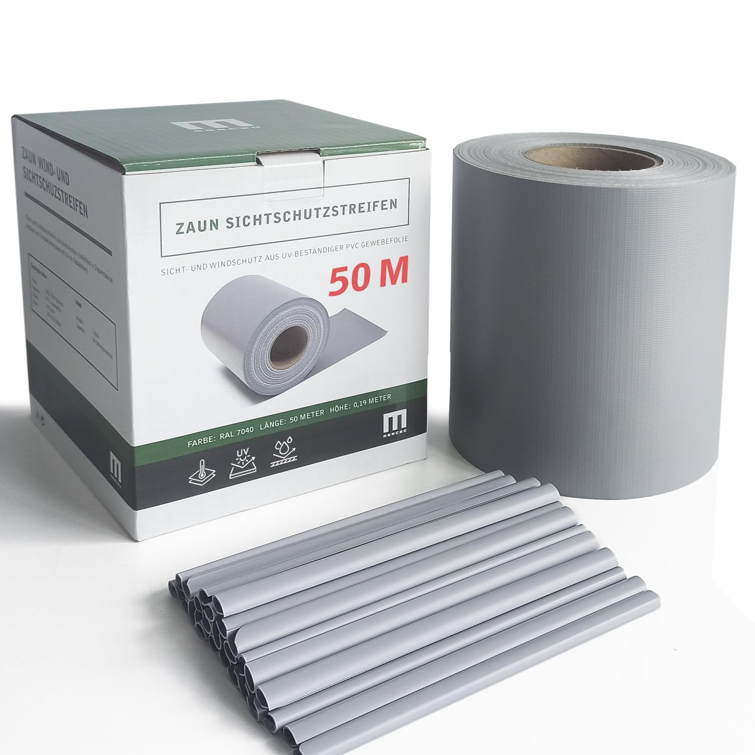 MERCEO Stabmattenzaun-Sichtschutzstreifen, PVC-Folie in Grau/Fenstergrau, 19 cm hoch, 50 m lang, inkl. 40 Befestigungsclips, Zubehör zur Verkleidung von Doppelstabmattenzäunen und Einzelstabmattenzäun