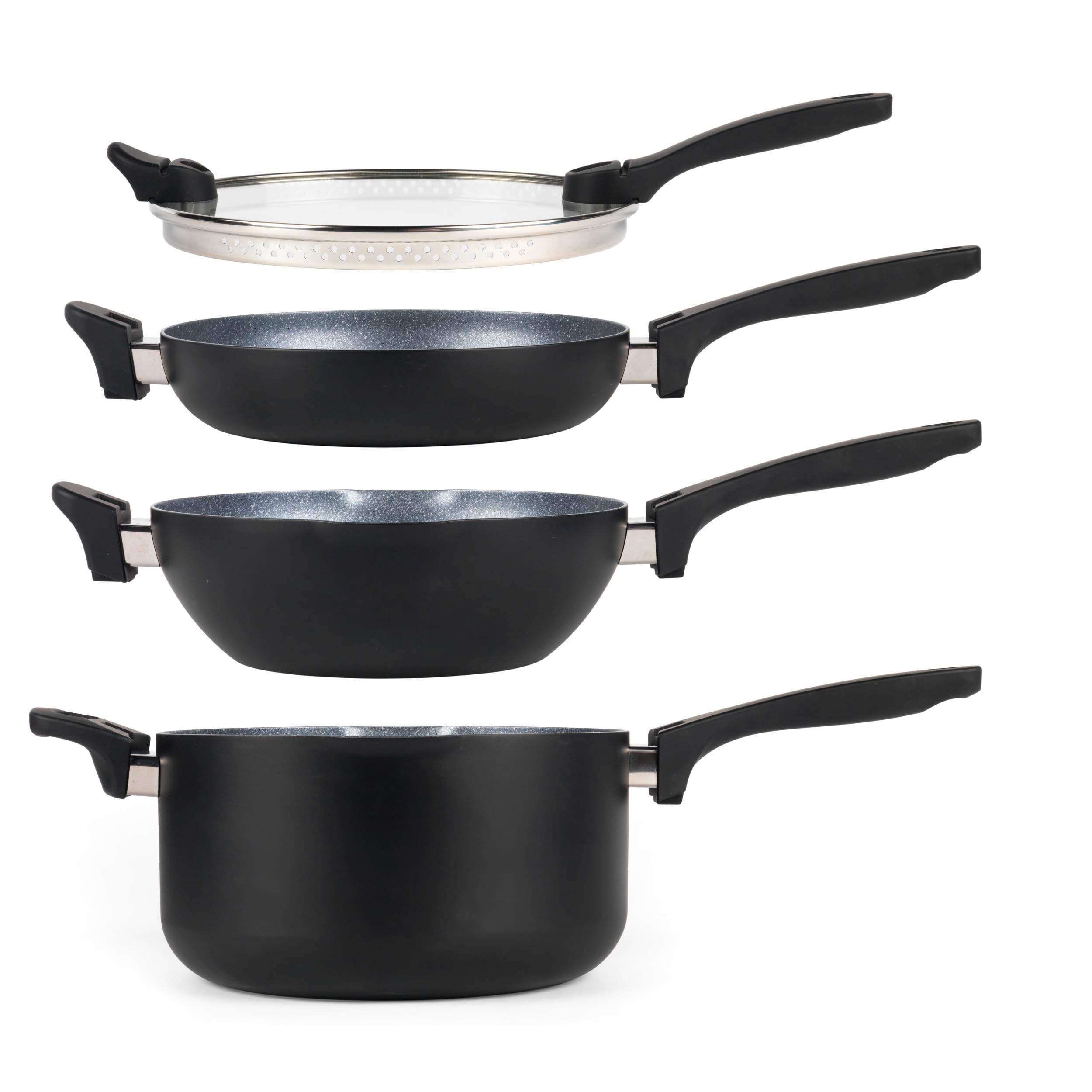 Russell Hobbs RH01840 stapelbares 4-teiliges Pfannenset, antihaft 24cm-Kochtopf, Wok, Bratpfanne und universeller Glasdeckel, PFOA-frei, Batch Cooking, platzsparend, Ausgießlippe, Induktion