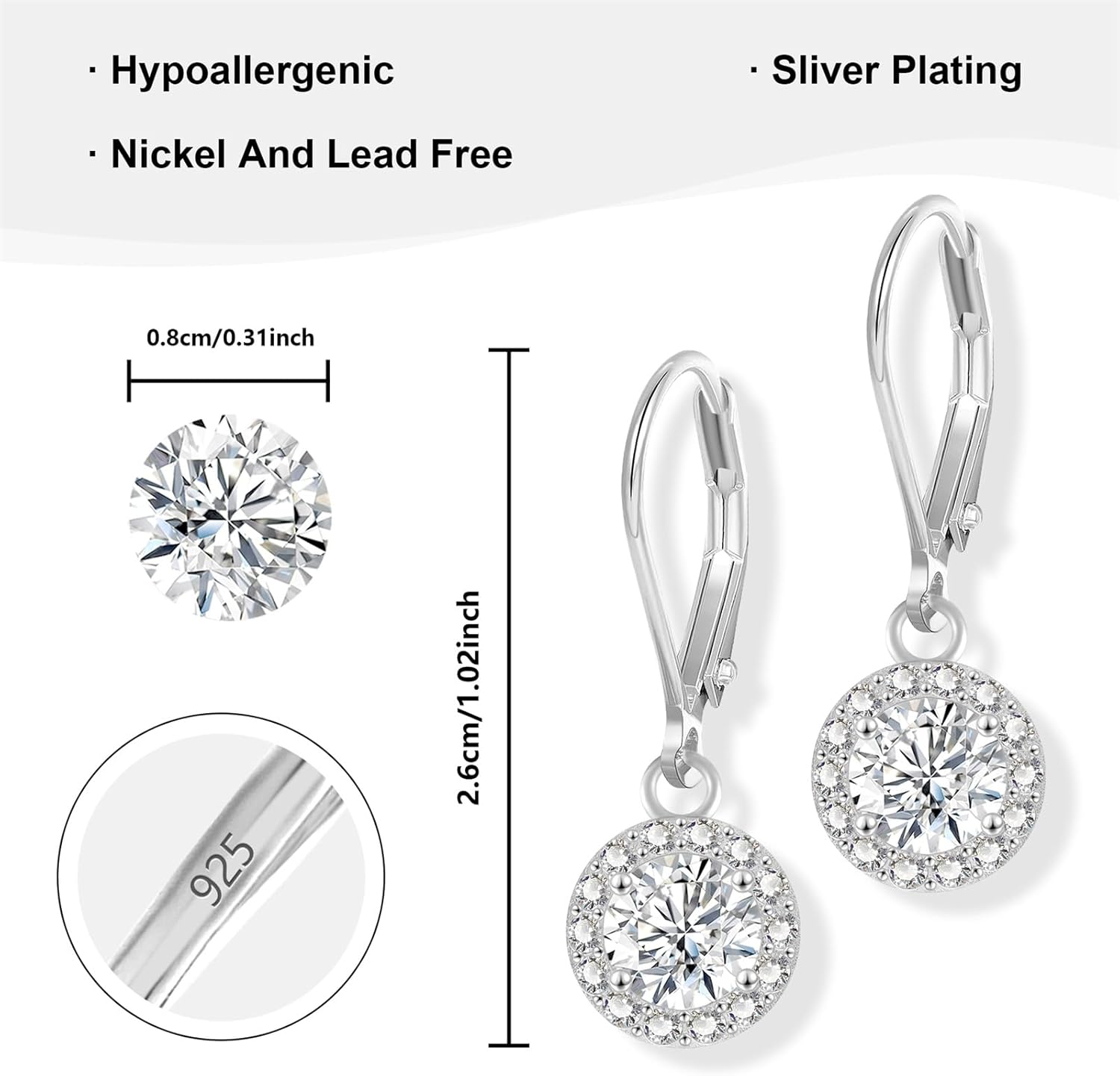 ALEXCRAFT Sterling Silver Leverback Dangle Drop Earrings for Women, Cubic Zirconia Small Round Square Halo Drop Earring Hypoallergenic Jewelry for Wedding Bridal - Image 6
