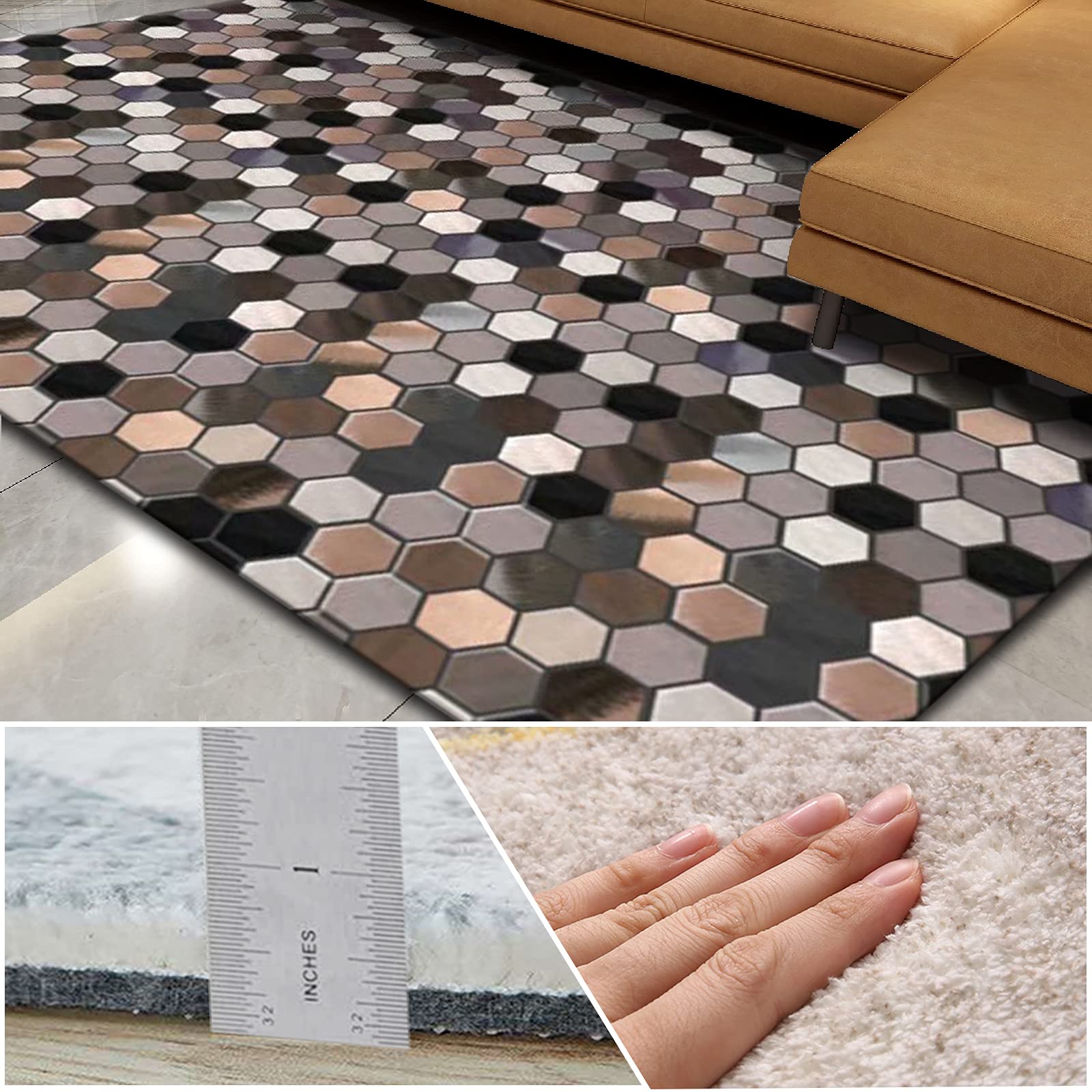 Tapis shaggy pour salon et chambre à coucher - Motif géométrique moderne rétro patchwork - Idéal pour couloir, table de chevet et bureau