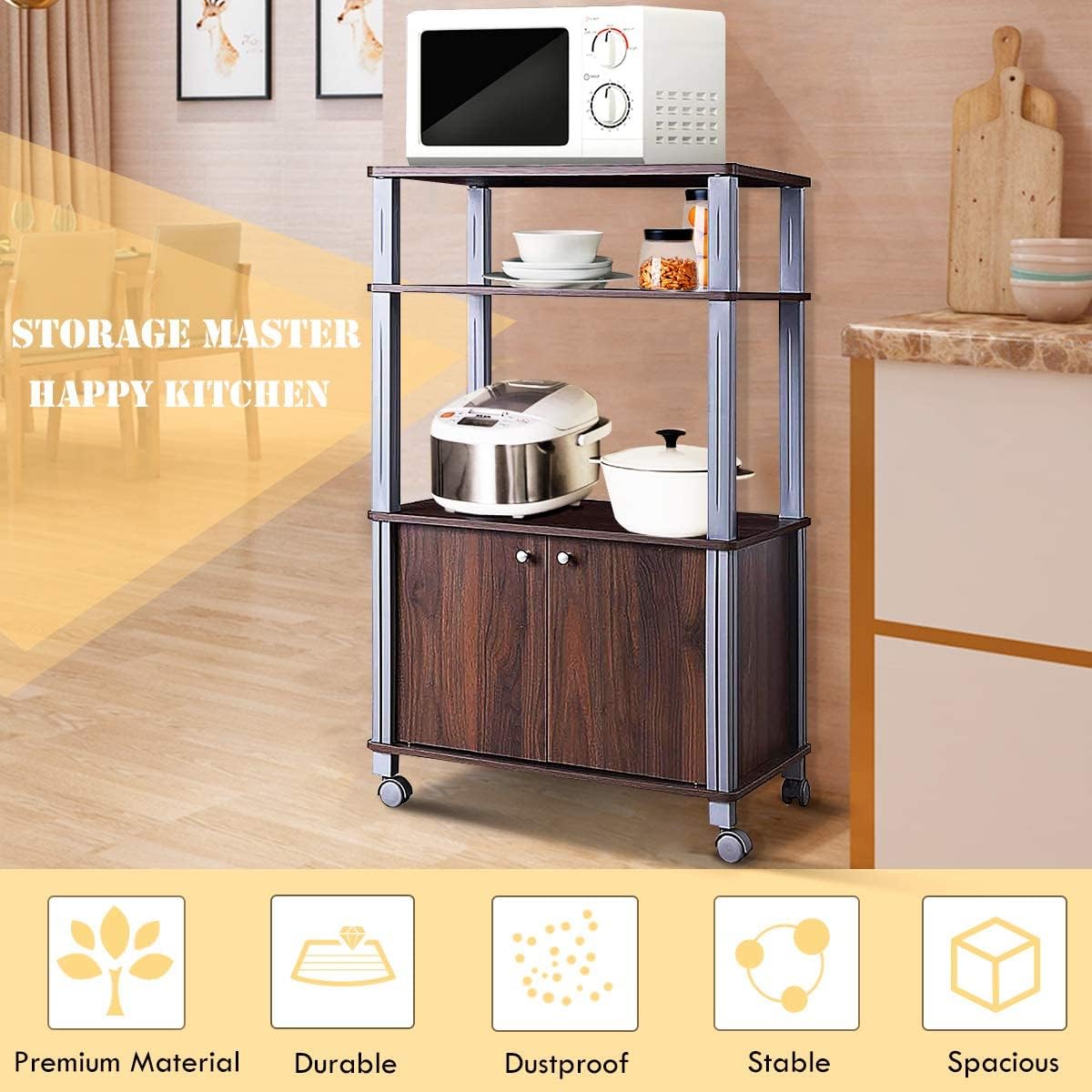 ReunionG 3-Tier Rolling Microwave Oven Stand with Utility Shelves Cabinet, Multifunctional Kitchen Baker’s Rack Spice Workstation Organizer Storage Cart for Home Dining Room Commercial Use (Brown)