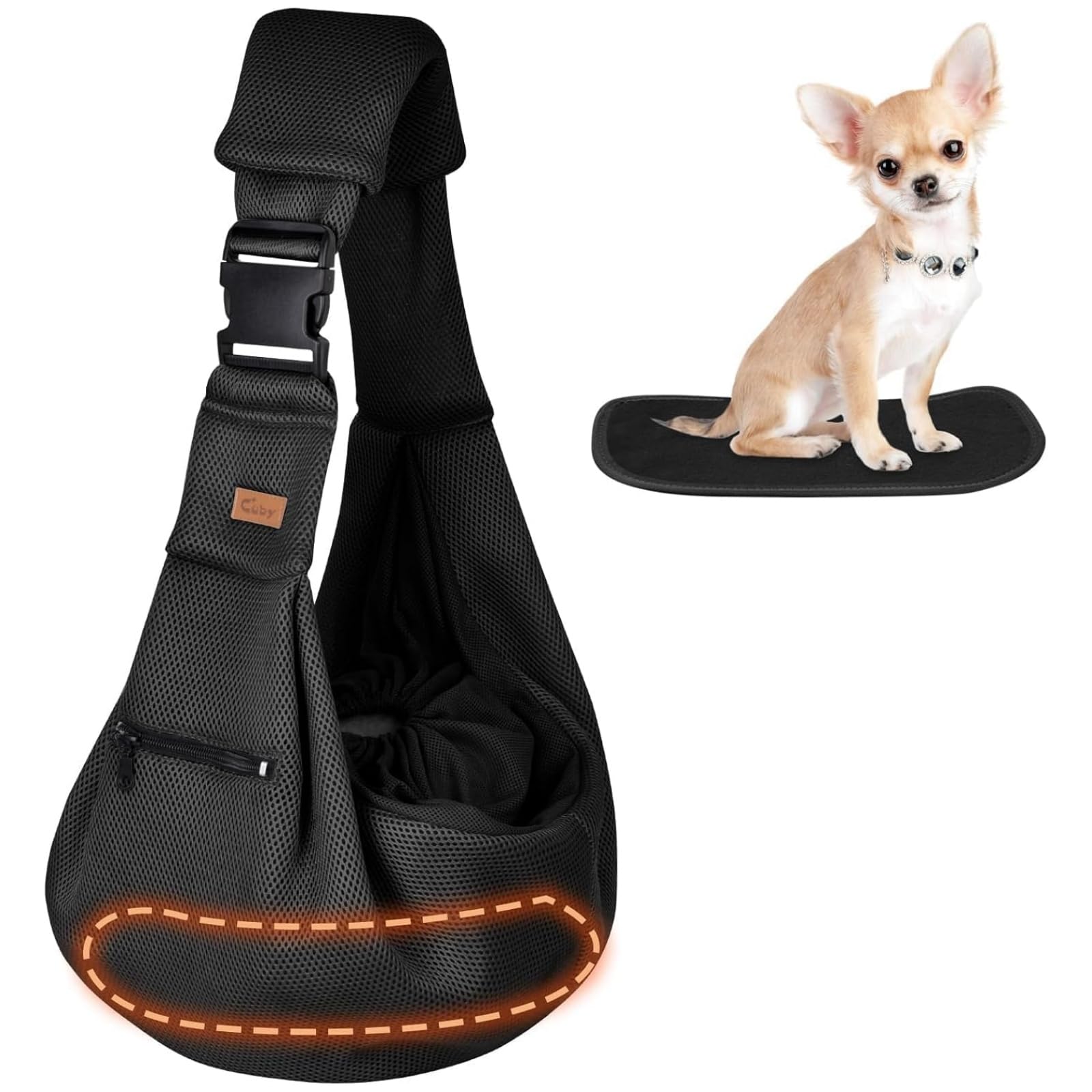 CUBY Puppy Carrier, Mesh Adjustable Reversible Cat Dog Sling Carrier for Small Medium Dogs Hands-free Puppy Sling Protect Shoulder Strap with Safety Belt Zipper Pocket Bottom Mat