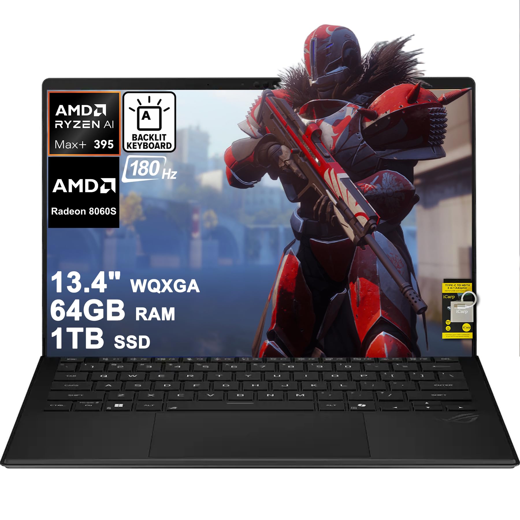 ROG Flow Z13 Gaming 2-in-1 Laptop 13.4" 2.5K 2560x1600 180Hz Touch 100% DCI-P3 AMD 16-core Ryzen AI MAX+ 395 (Up to 40 Tops) 64GB RAM 1TB SSD AMD Radeon 8060S RGB Backlit Wi-Fi7 Win11 ICP Acc