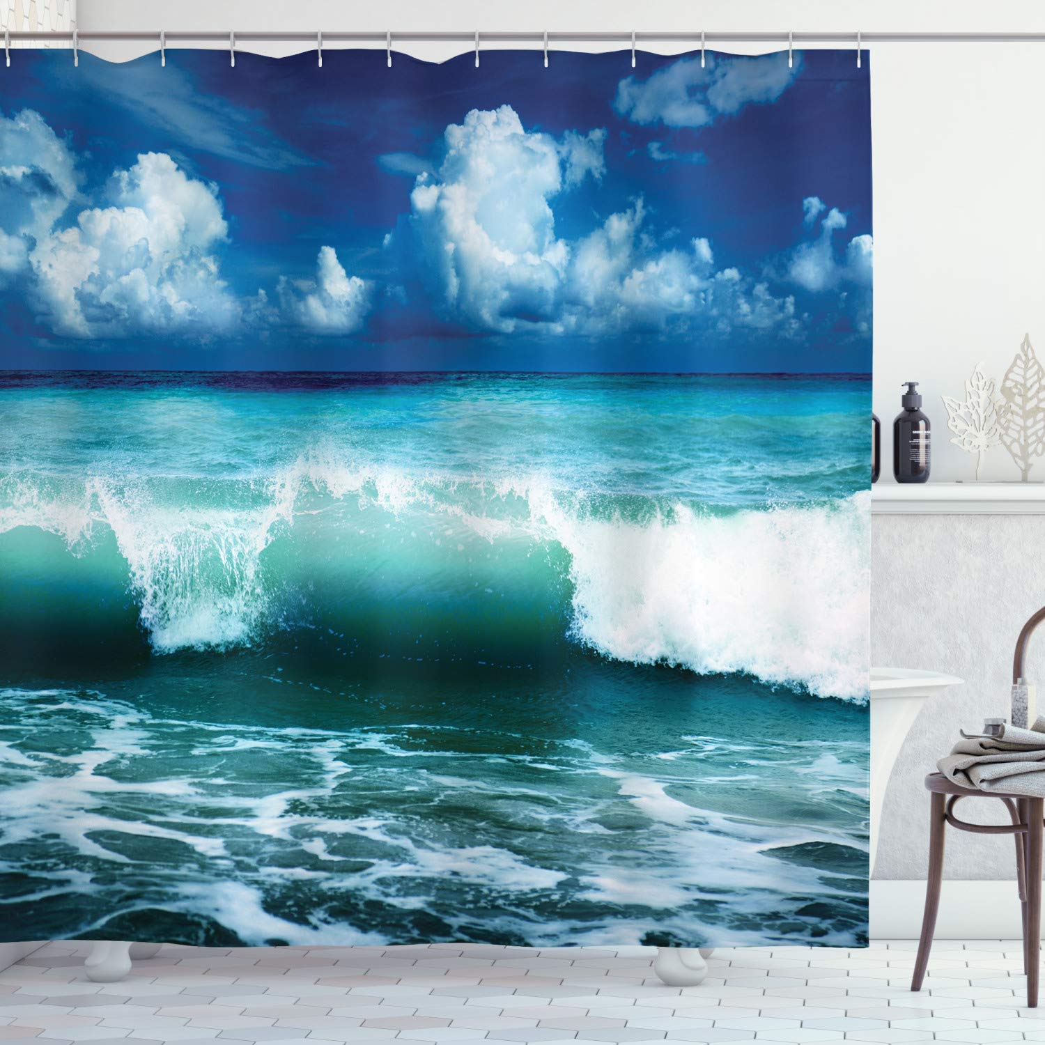 ABAKUHAUS Ocean Shower Curtain, Caribbean Island Coast Seascape Waves Water Splash Surfing Sports Theme