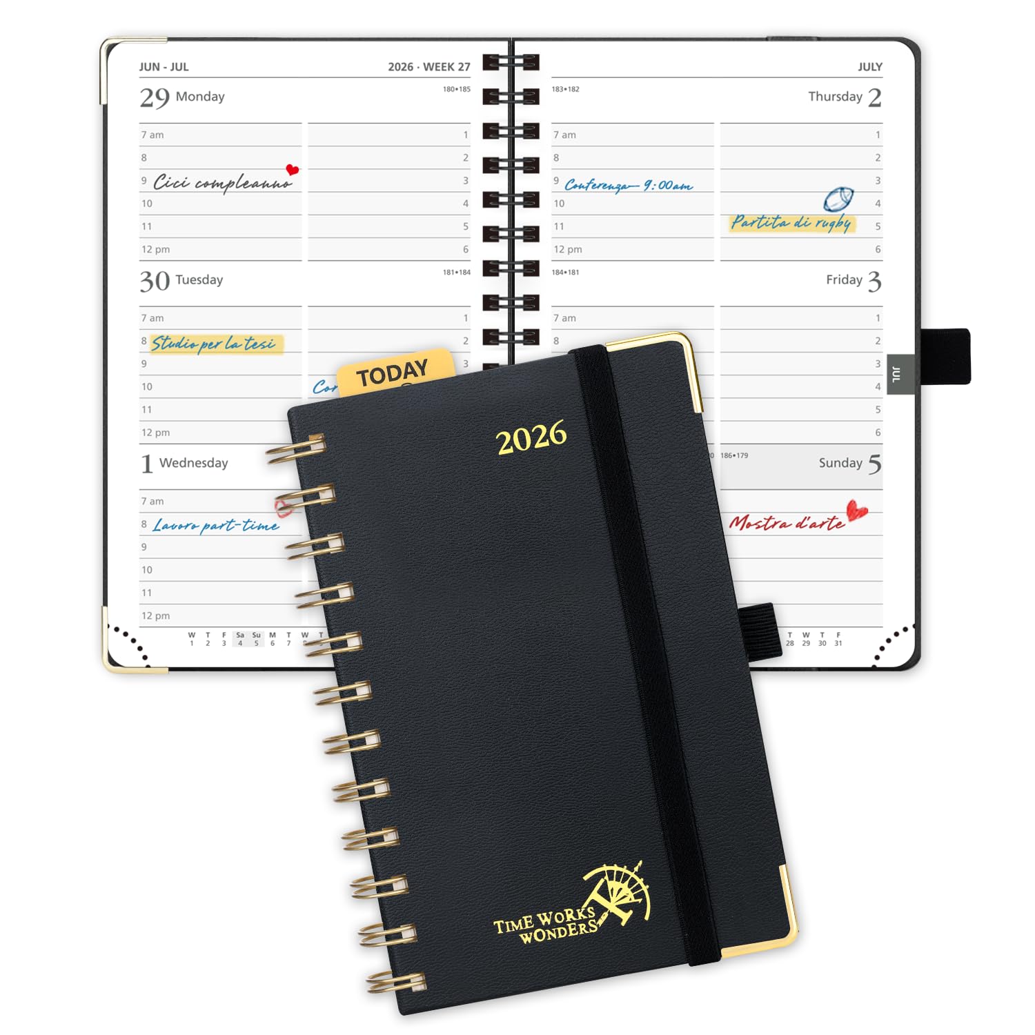 POPRUN 2026 Pocket Planner with Hourly Time Slots for Purse, (Small Size-4'' x 6.25'') - Daily Weekly and Monthly Calendar Agenda 2026 Appointment Book with Inner Pocket, 100 GSM - Black