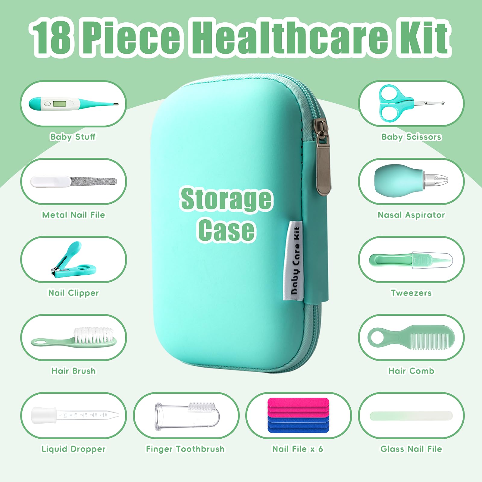 Qunlions life Kit per la toelettatura del bambino per neonati e ragazze, set essenziale per la toelettatura dei neonati, regalo per la prima volta per i genitori, verde 19 in 1