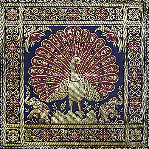 Image of Decorative Brocade Cushion Covers 16 Inch x 16 Inch Banarasi Jacquard Navy Blue & Gold Living Room Peacock Festive Decor Square 40x40 cm Zippered Sofa Settee Pillowcases -Set of 2 Pcs