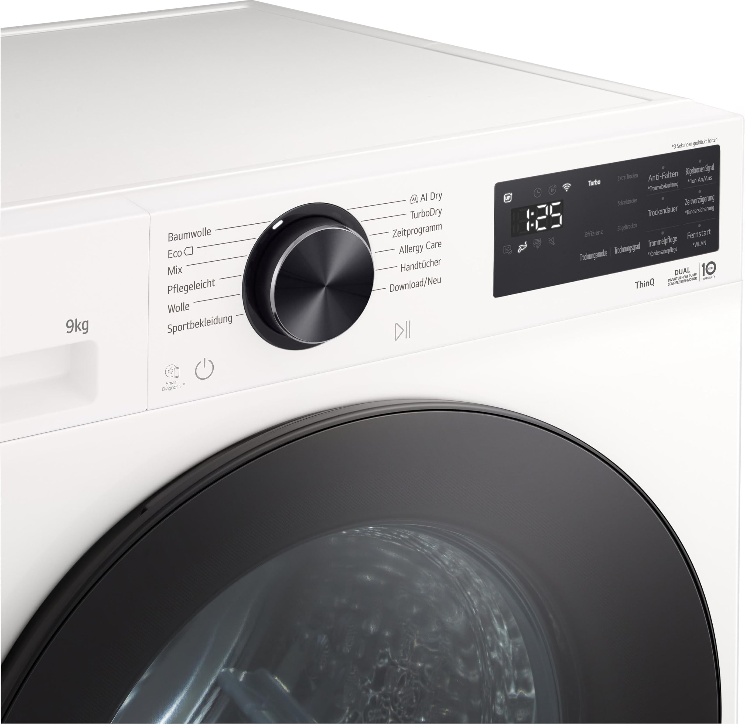 LG RT90X7 Trockner (B, 9 kg) mit Wärmepumpentechnologie (LED-Display, selbstreinigender Kondensator, Trockensensor), Weiß