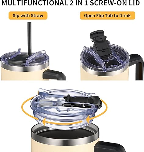 Miniatura 2 de THILY Vaso aislado de 40 onzas con asa, taza de viaje para café de acero inoxidable con tapa y pajitas, mantiene las bebidas frías durante 34 horas