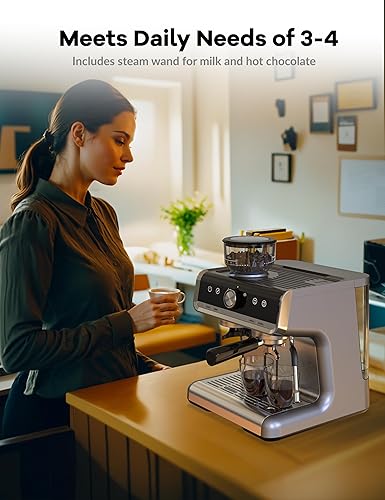 Miniatura 5 de Máquina de café expreso con molinillo y espumador de leche, cafetera profesional de 20 bar con tanque de agua extraíble de 95 onzas para preparar