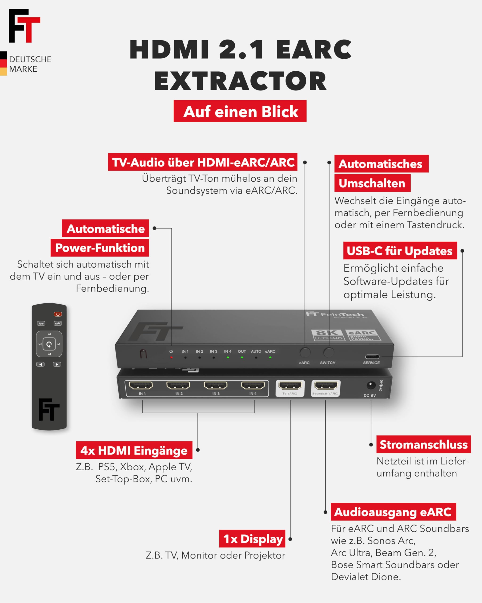 FeinTech AX340 HDMI 2.1 eARC Pass Switch Audio Extractor für eARC-Soundbar - Unterstützt 8K 60Hz, 4K 120Hz, VRR, ALLM, Dolby Atmos, DTS - Audio Splitter für Soundsysteme mit eARC und ARC (4 Inputs)