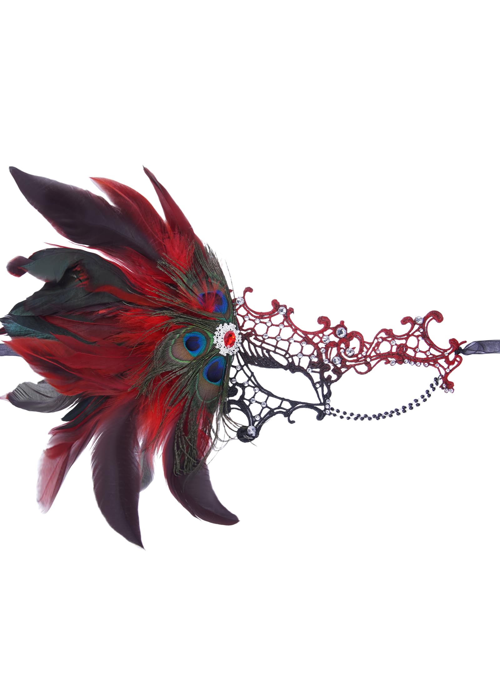 ETOFETE Lace Masquerade Mask for Women Peacock Feather Eyemask, Black Red — image 1