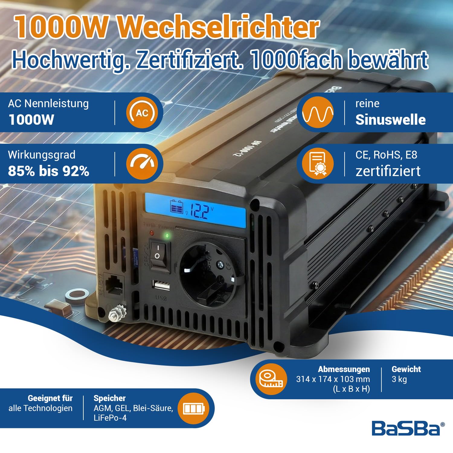 Insel Solaranlage PV-Anlage 1000W AC - Mono, perc Solarmodul, Solarbatterie, MPPT Laderegler, Sinus Wechselrichter