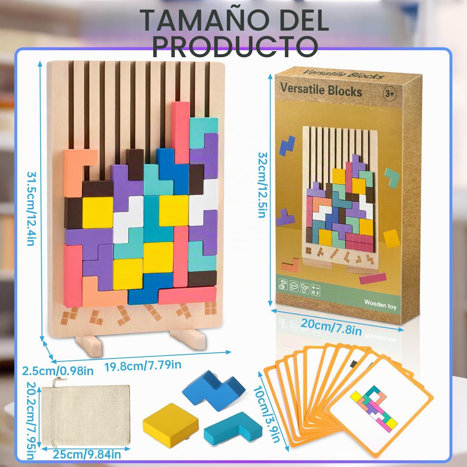 ZLPBAO Puzzle de Madera Tetris con 10 Tarjetas y Bolsa de Almacenamiento, Rompecabezas Niños, Tetris Puzzle 3D Madera,Juguetes Sensoriales, Juegos Montessori 3 4 5 6 Años