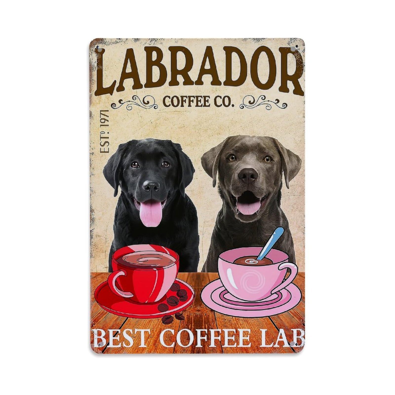 Jdfenggu Vintage Labrador Coffee Company Dogs Cups Retro Metal Tin Sign, Decor Art Poster For Bar, Home, Man Cave, Kitchen, Laundry Room Gift 8X12inch