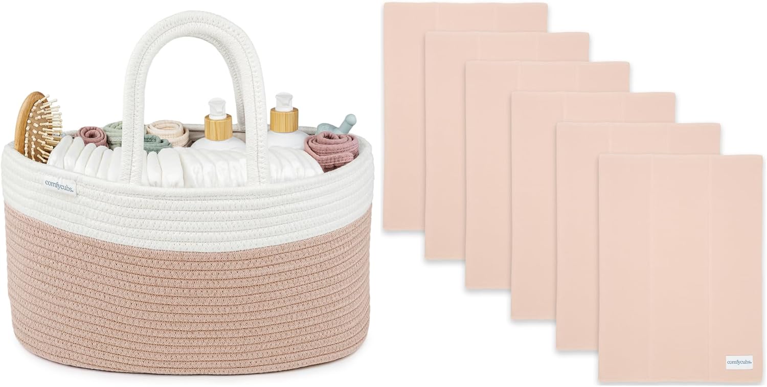 Comfy Cubs Rope Diaper Caddy Organizer and Baby Burp Cloths Set (Pack of 6) Bundled
