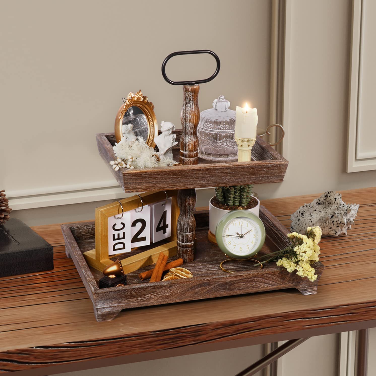 Rustic Wooden Two Tiered Tray Farmhouse - Brown Wood Rectangular Fruit and Cake Stand - Versatile Tiered Stand for Serving and Decor
