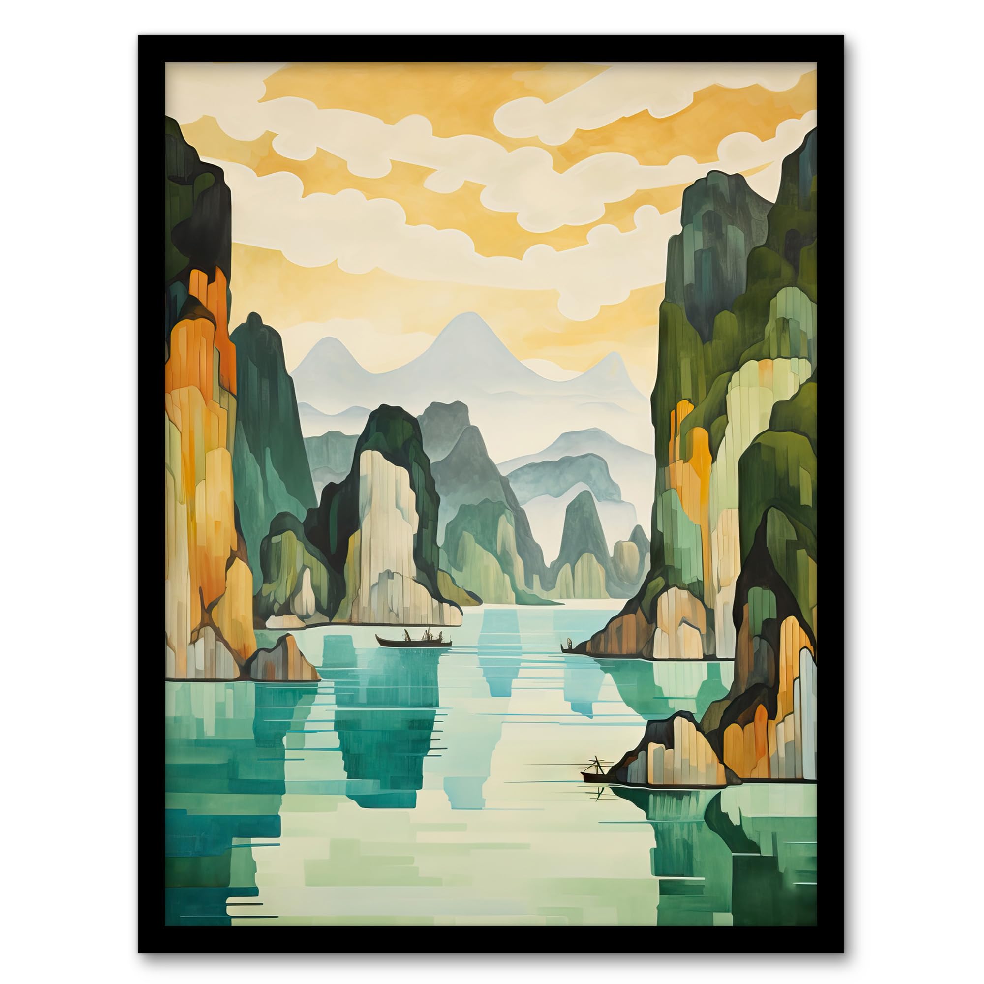 Artery8 Ha Long Bay Watercolour Painting Vietnam Limestone Islands In Emerald Waters Pastel Colour Seascape Artwork Framed Wall Art Print A4
