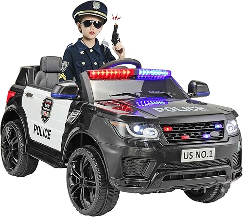 TOBBI Automóvil de policía eléctrico de 12V para niños, con control remoto para padres, sirena, luces intermitentes, Bluetooth, música, suspensión
