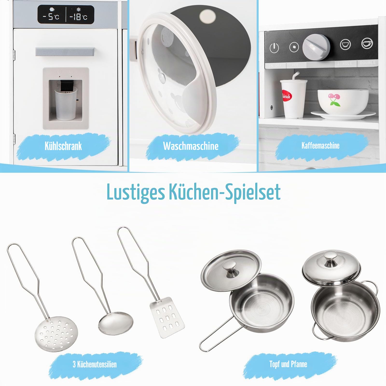 HOMASIS Spielküche mit Zubehör, Kinderküche Holz, Spielzeugküche mit Spüle Wasserhahn Herd Ofen Waschmaschine Kühlschrank, Holzküche mit Licht & Sound, Kinderspielküche für Kinder ab 3 Jahre, Weiß