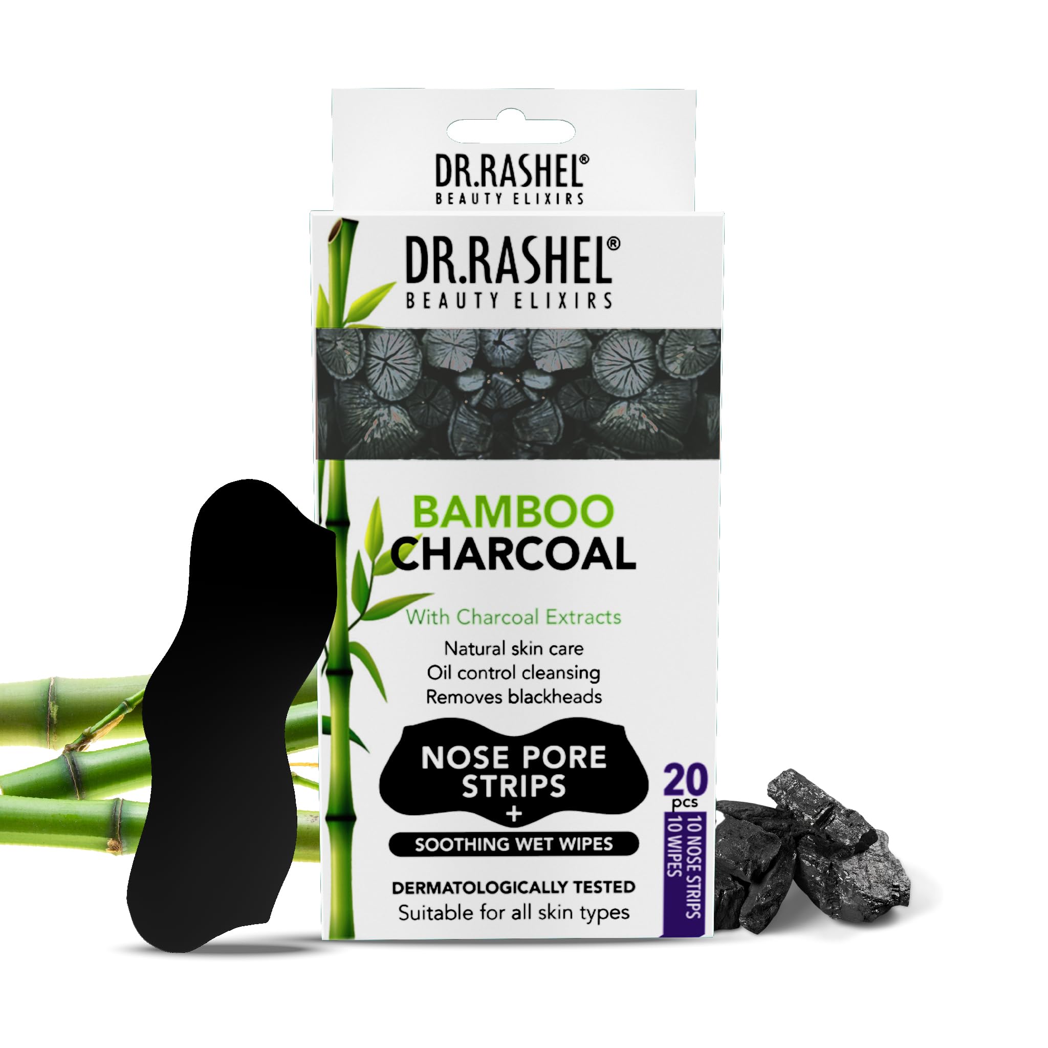 DR.RASHEL Bamboo Charcoal Nose Pore Strips | Activated Charcoal & Tea Tree Oil | Painless Blackhead Removal, Oil Control & Deep Dirt Cleansing | 20 PCS