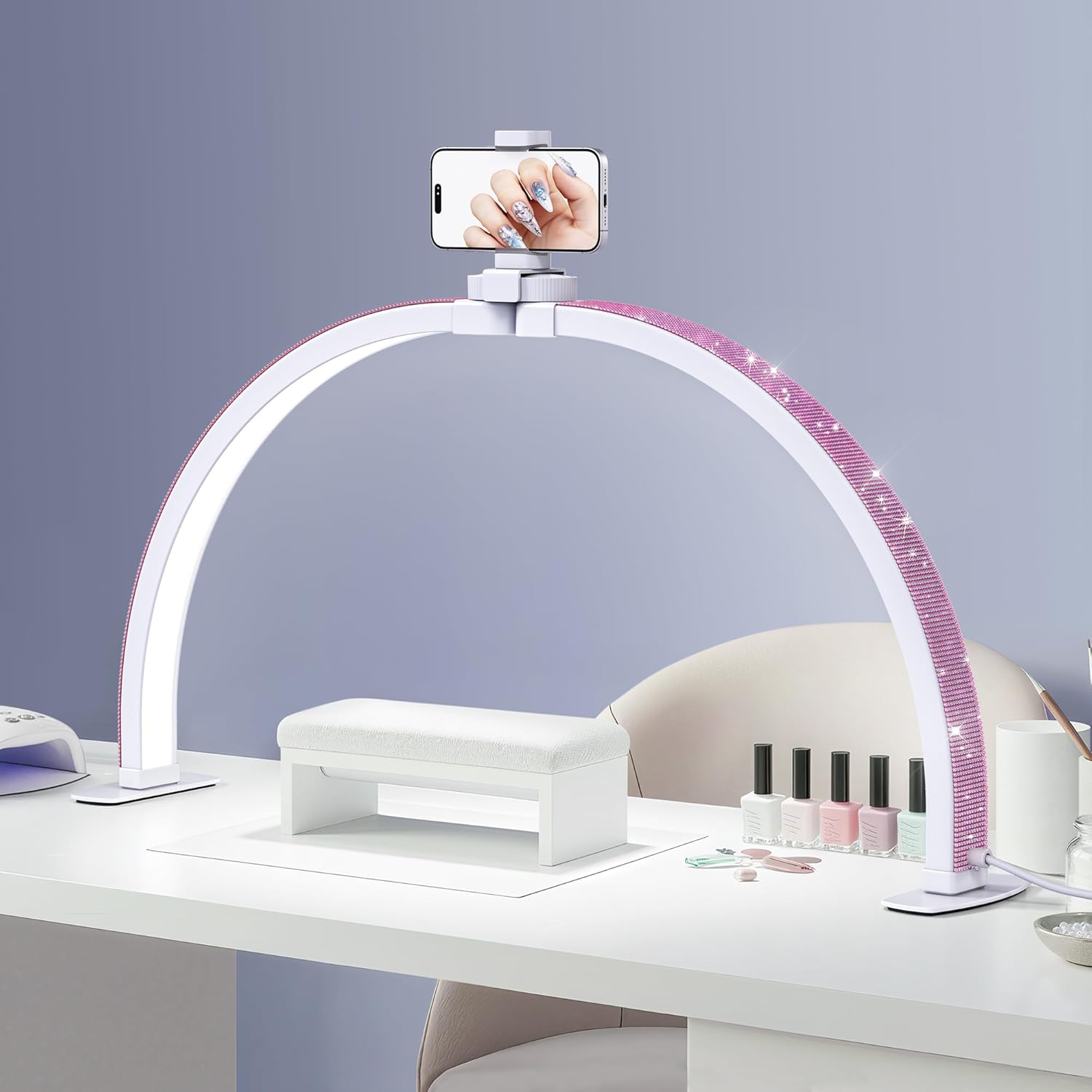Half Moon Light for Nail Desk, Foldable Arch Nail lamp for Desk with Rhinestones,CRI≥90 LED with Phone Holder, Shadowless Table Lamp Perfect for Manicure Handicraft Lighting,Pink