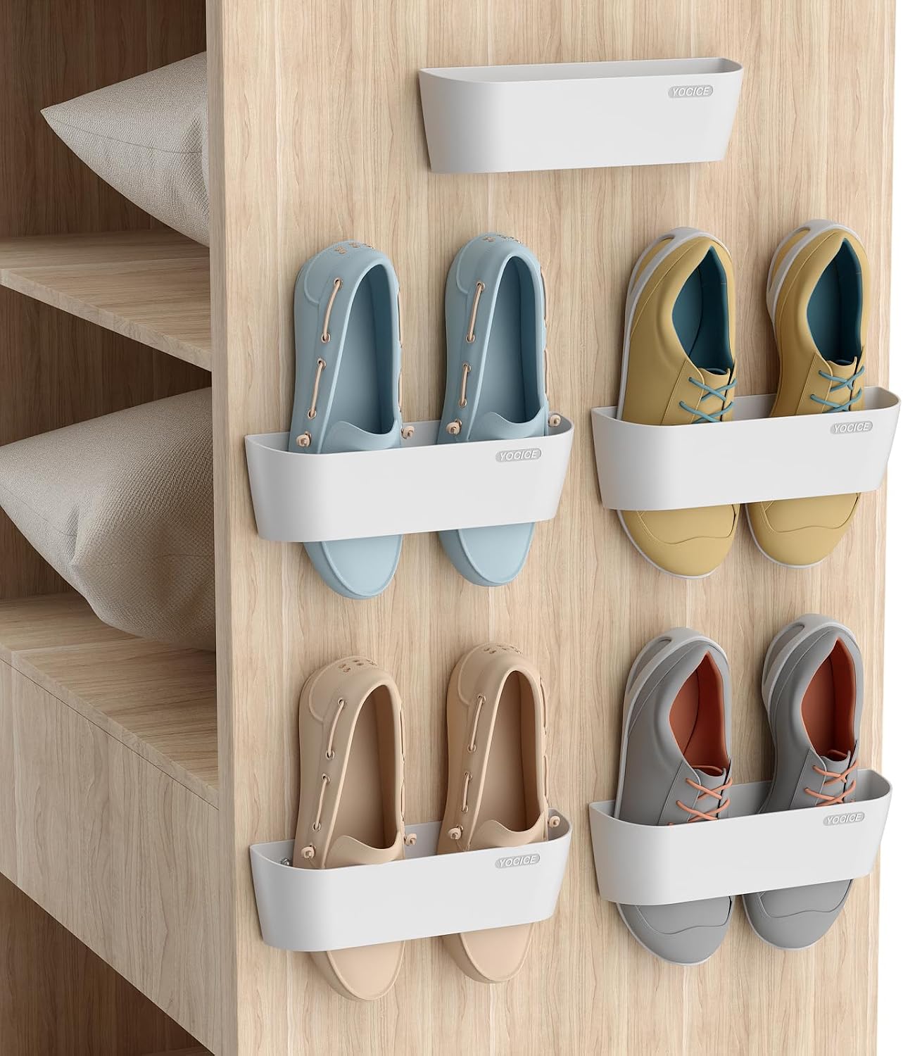 Wall Mounted Shoes Rack 5Pack with Sticky Hanging Strips, Plastic Shoes Holder Storage Organizer,Door Shoe Hangers (White)