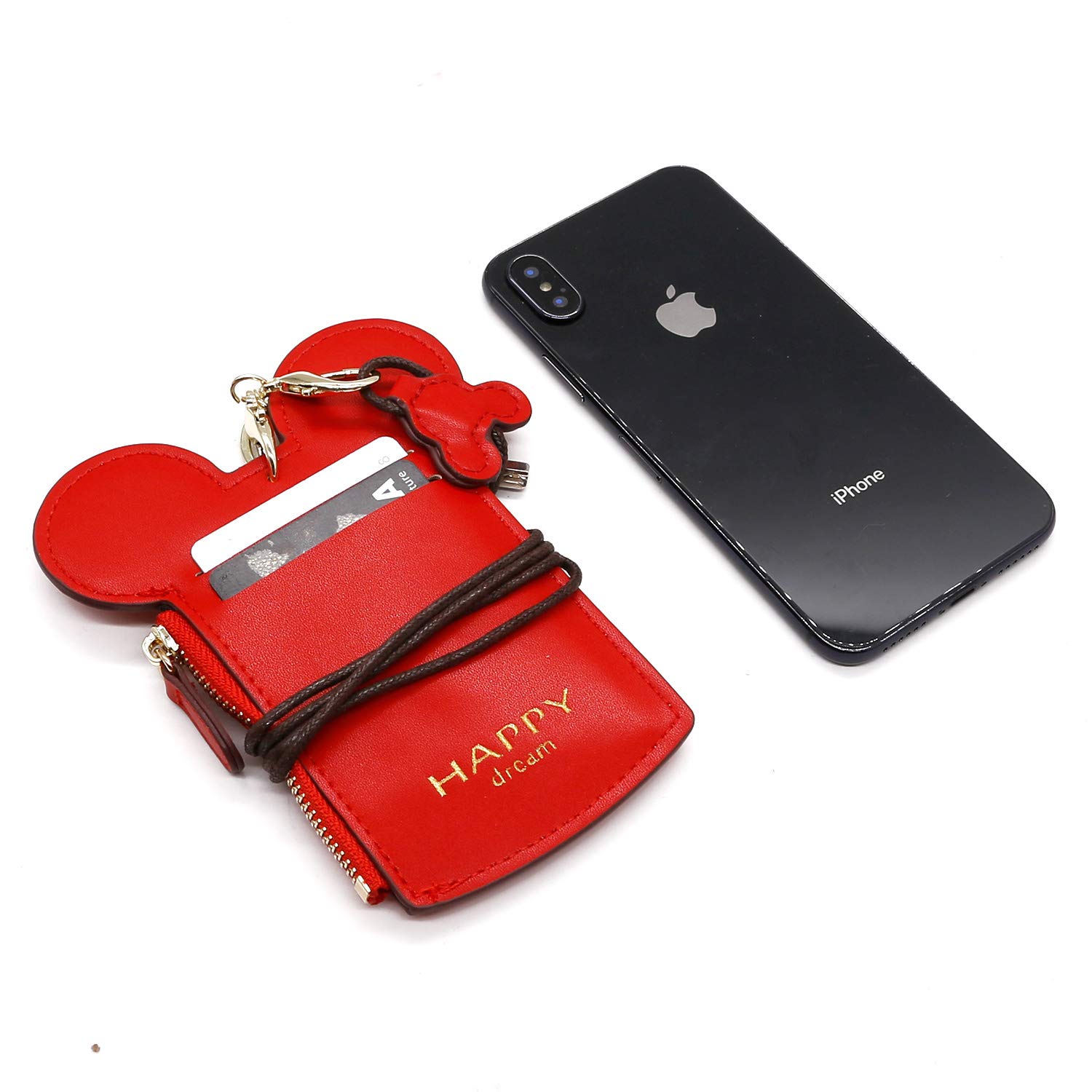 Soporte de identificación con soporte para credencial con cordón, piel sintética, cartera de cuello con forma de animal lindo para mujer (rojo) 5
