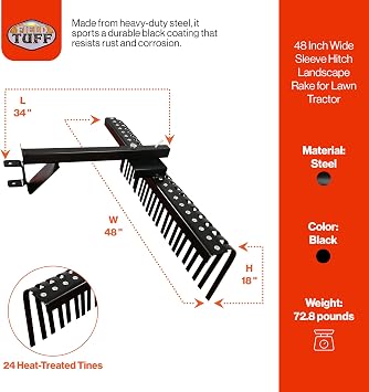 Field Tuff Heavy Duty Sleeve Hitch Landscape Rake, Black, 48 Inch Wide
