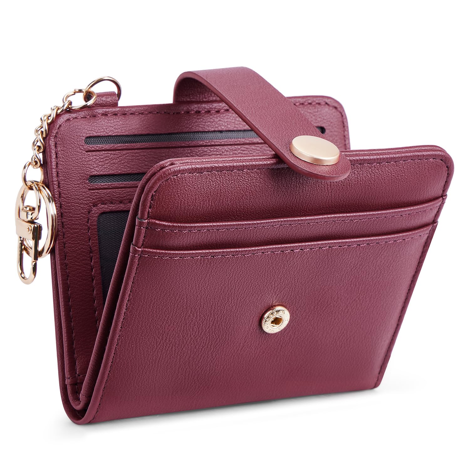 POIUGOYA Slim Wallet for Women,RFID Blocking Bifold Credit Card Holder with Zipper Coin Pocket,ID Window,Keychain, 2A-PU Leather-Purplish Red, Classic