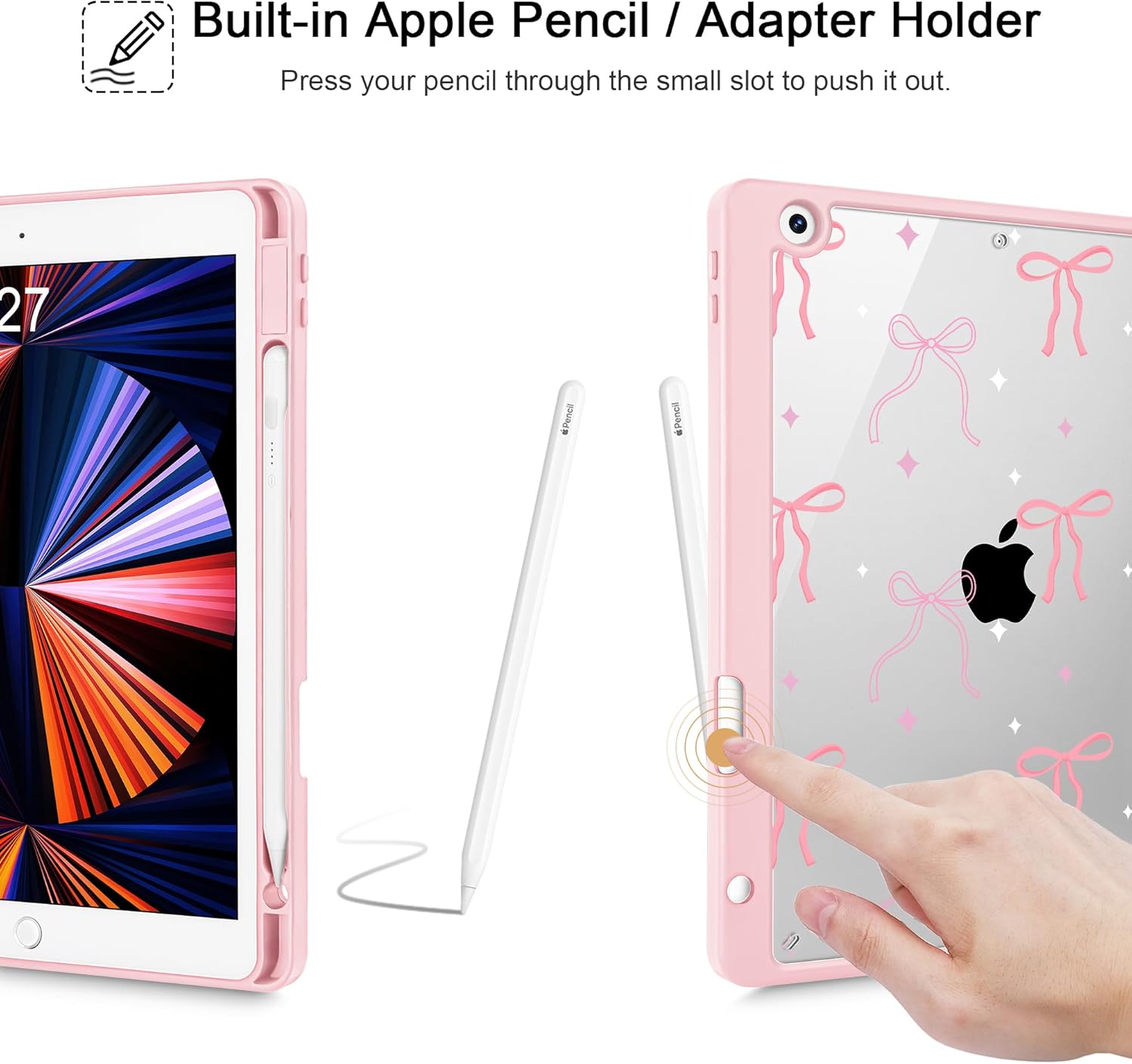 Tuiklol for iPad 10.2 case 2021 Gen 9th Release Built in Pencil Holder - Trifold Stand-Auto Wake/Sleep TPU Protection Stand Clear Back Cover for 2020 2019 [8th/7th] iPad 10.2 Case, Pink Bows
